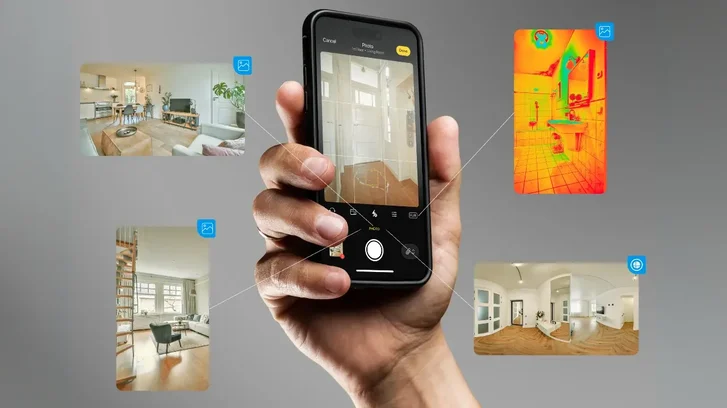 une main prenant des photos d'un dégât des eaux dans une pièce