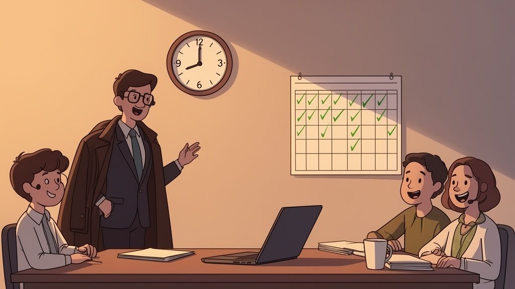 A male speaker presents to three attentive colleagues in a sunlit office meeting room.