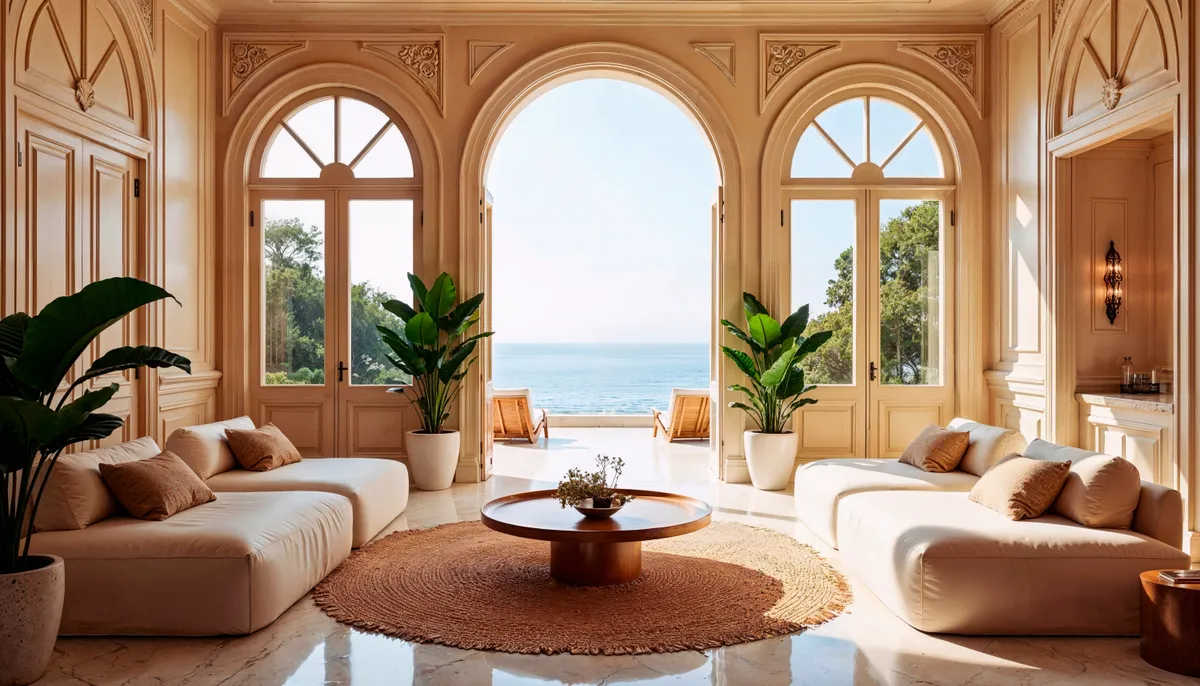 Sunlit arched living room opening onto the sea