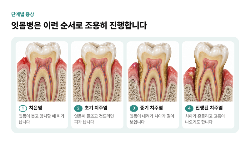 잇몸이 붓고 피가 나는 치은염부터 잇몸이 내려가고 치아가 흔들리는 진행된 치주염까지 잇몸병의 네 단계를 차례로 그린 일러스트