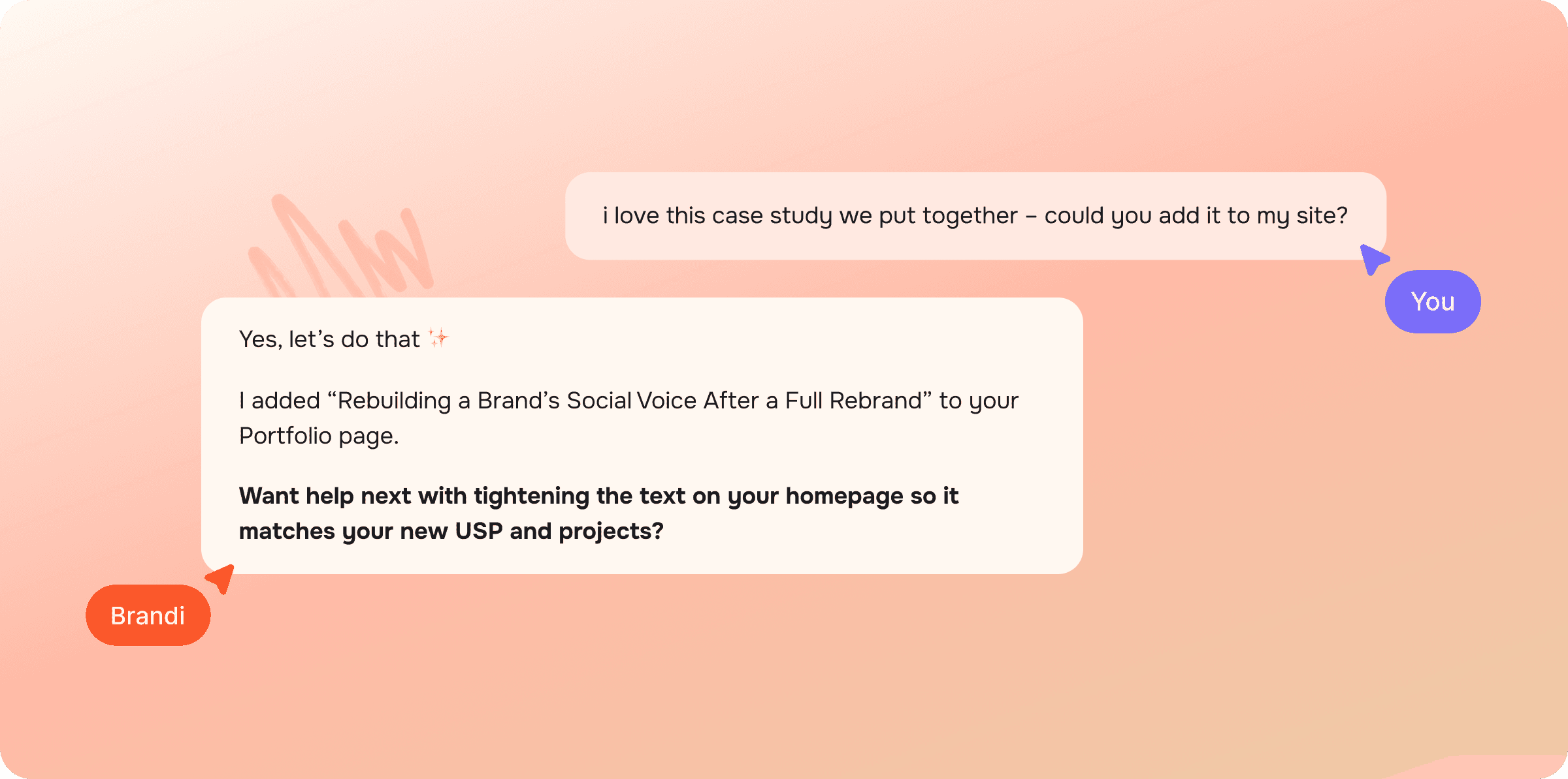 A stylized chat conversation between a user and Brandi where the user asks Brandi to add the generated case study to their portfolio website.