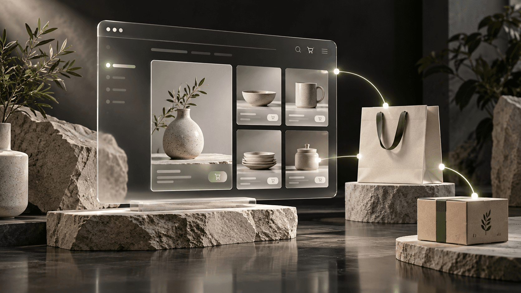 Illustration of an online storefront with products and launch preparation elements.