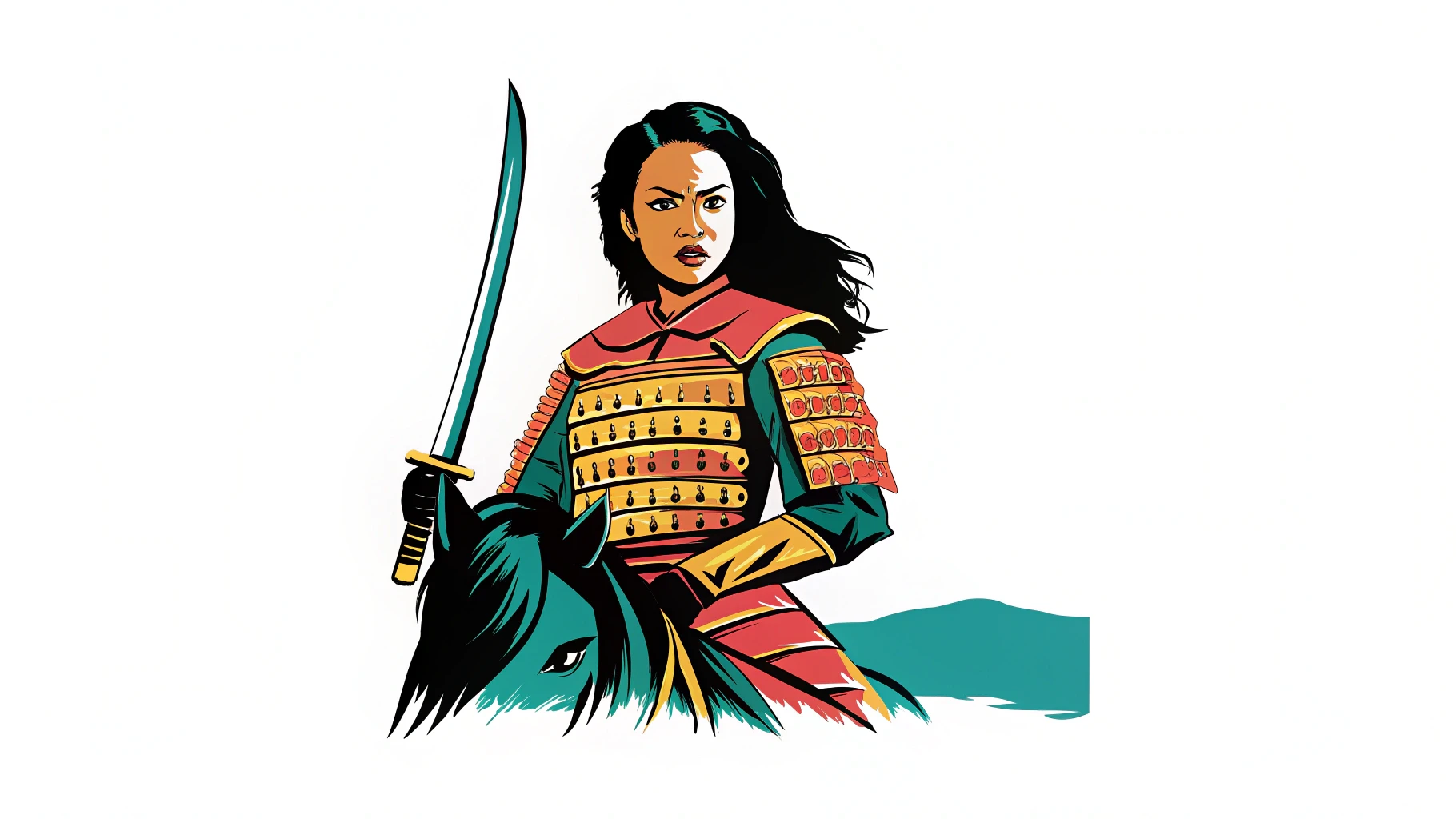 A fierce female samurai, adorned in intricate warrior attire that reflects her noble lineage, confidently sits astride a majestic horse. 