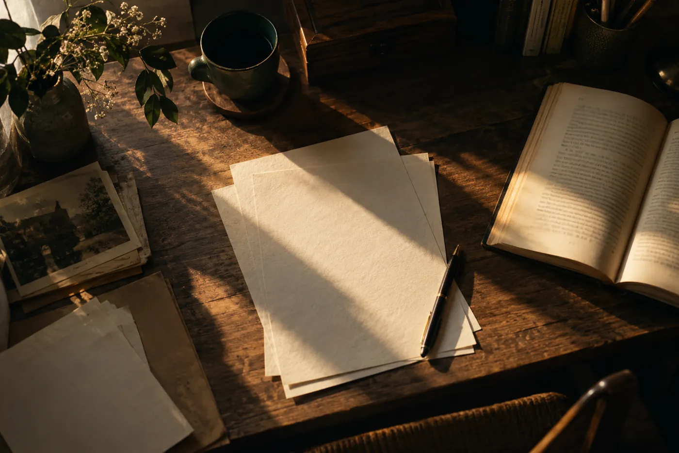 Overhead view of a sunlit writing desk with paper, an open book, and a cup of coffee