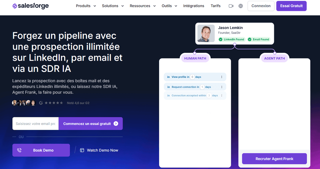 Salesforge homepage promoting multichannel sequences with unlimited mailboxes