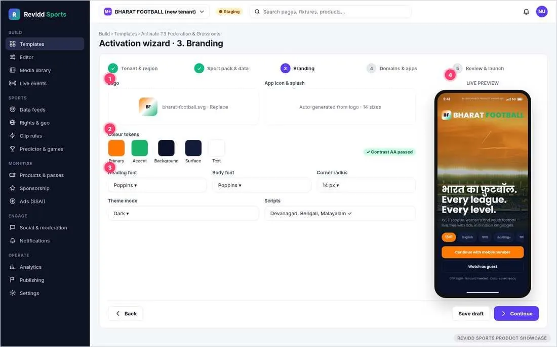 Revidd Sports CMS branding step with live preview