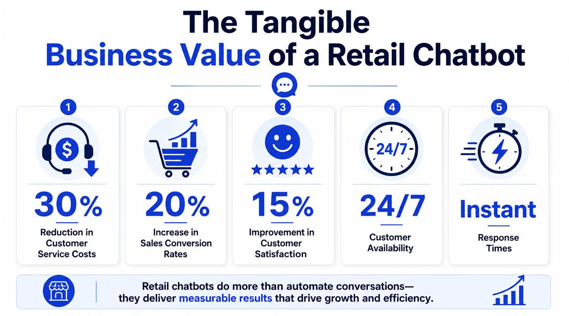 An infographic highlighting the five main tangible business benefits of implementing a retail chatbot.