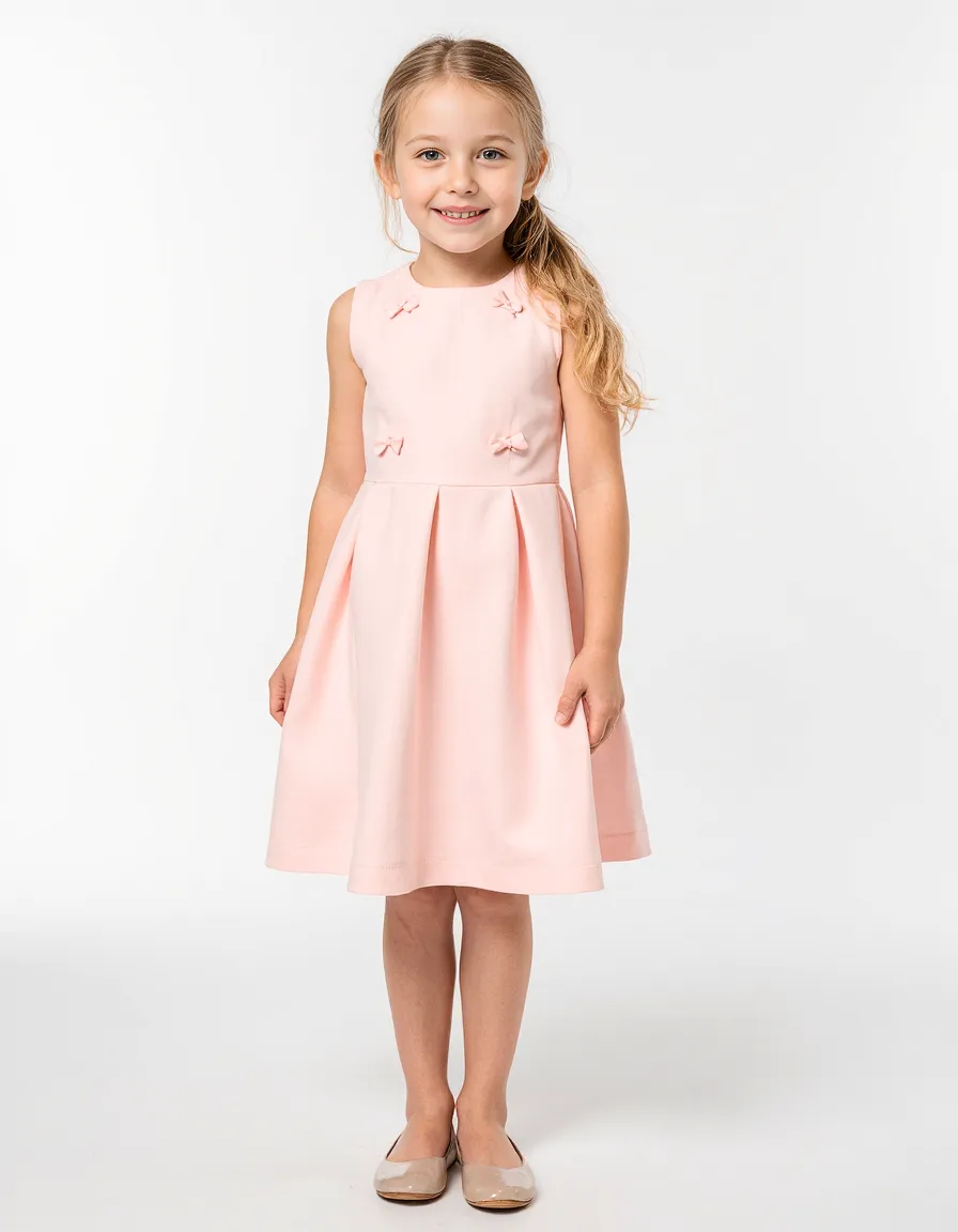 Pale pink sleeveless dress with bow accents and pleated skirt photographed on a clean white background, showcasing children's formalwear