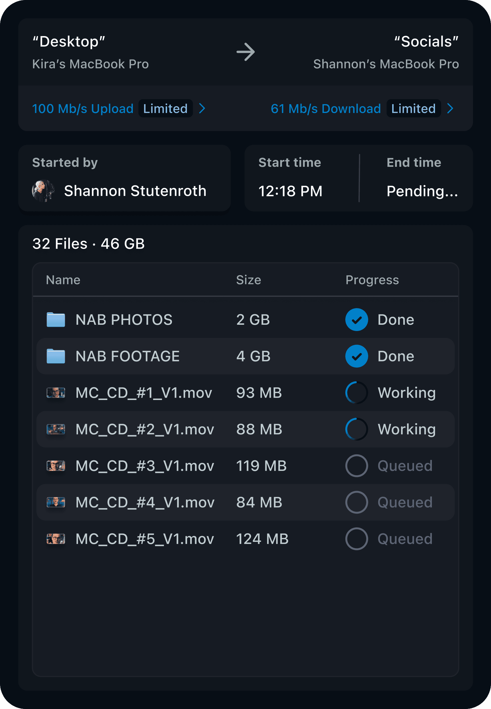 View transfer progress