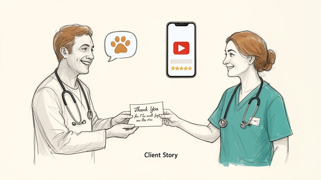 Two veterinarians exchange a thank you note, symbolizing client appreciation, with paw print and video review icons.