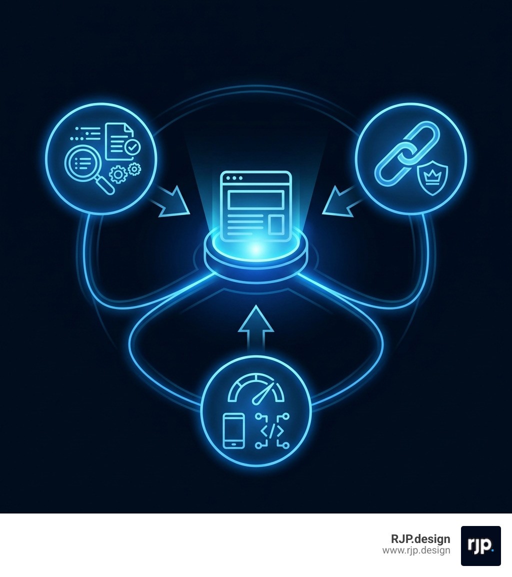 Infographic showing the three core pillars of SEO: On-Page SEO including keyword research and content optimization, Off-Page SEO featuring link building and brand authority, and Technical SEO covering site speed, mobile optimization, and structured data - best seo specialists infographic 