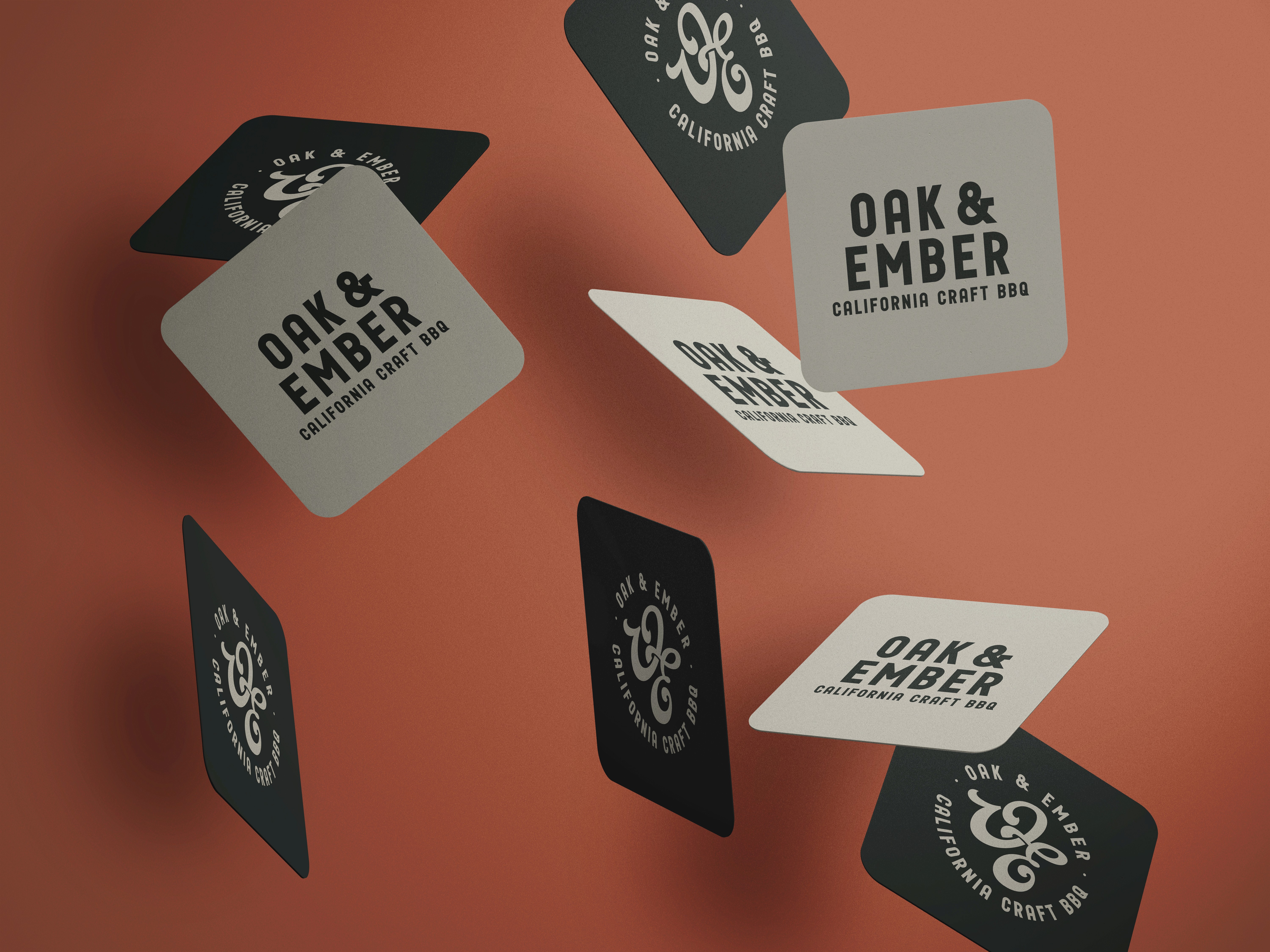 Oak and Ember business cards and brand collateral mockup