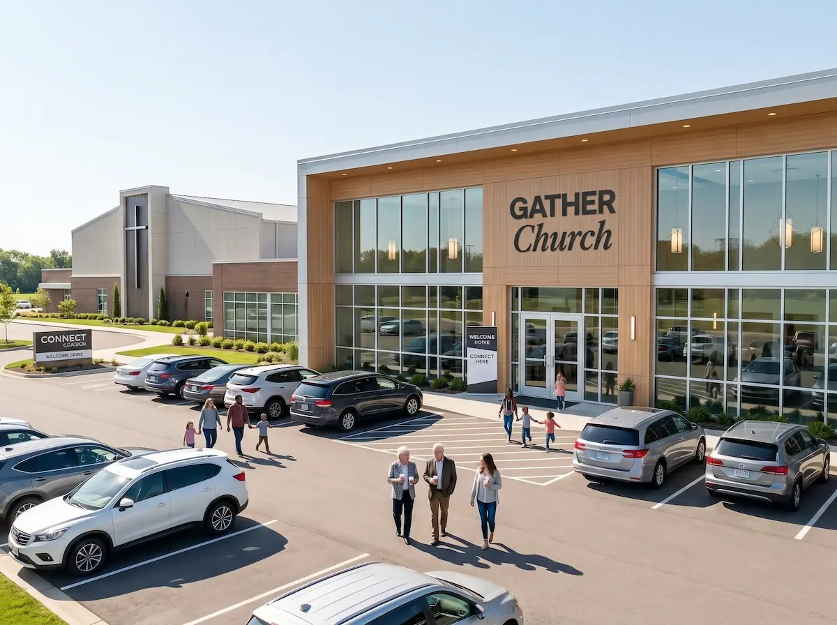 Exterior of GATHER Church with families arriving