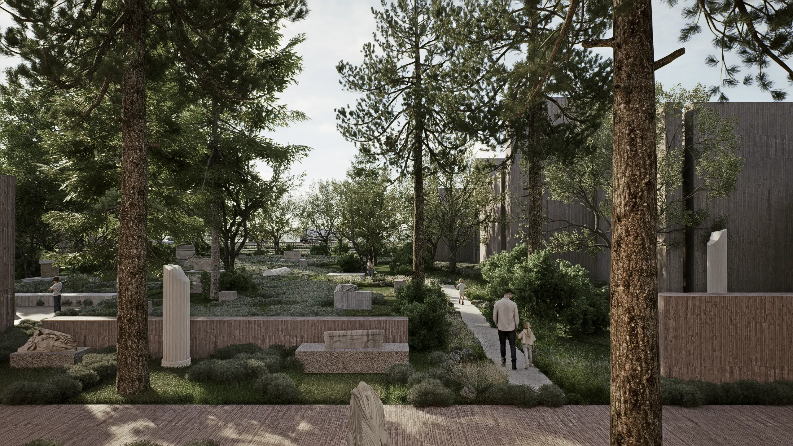 Visitors walking through an open-air exhibition garden with ancient fragments beneath the trees