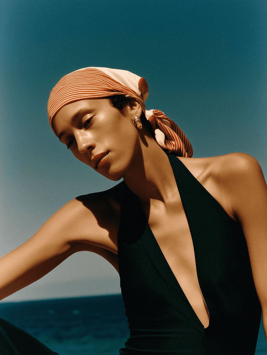 Stylish individual in a striped headscarf and black halter outfit, set against a sunny coastal backdrop with a clear blue sky.
