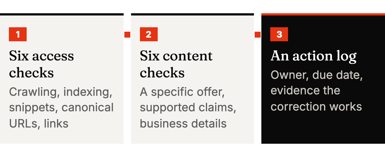 Diagram: Six access checks, then Six content checks, then An action log.