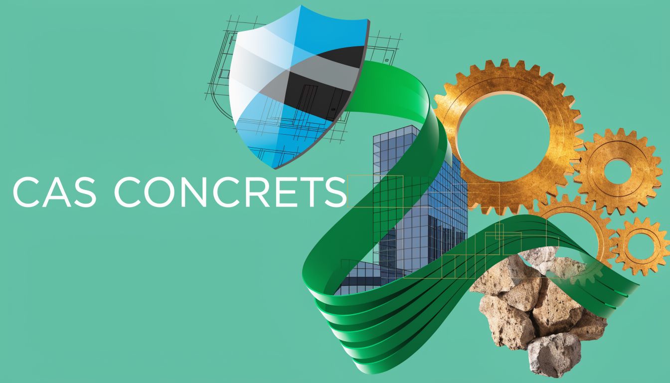 Graphique conceptuel pour CAS Concrets montrant un bouclier, des engrenages, un bâtiment et des pierres.