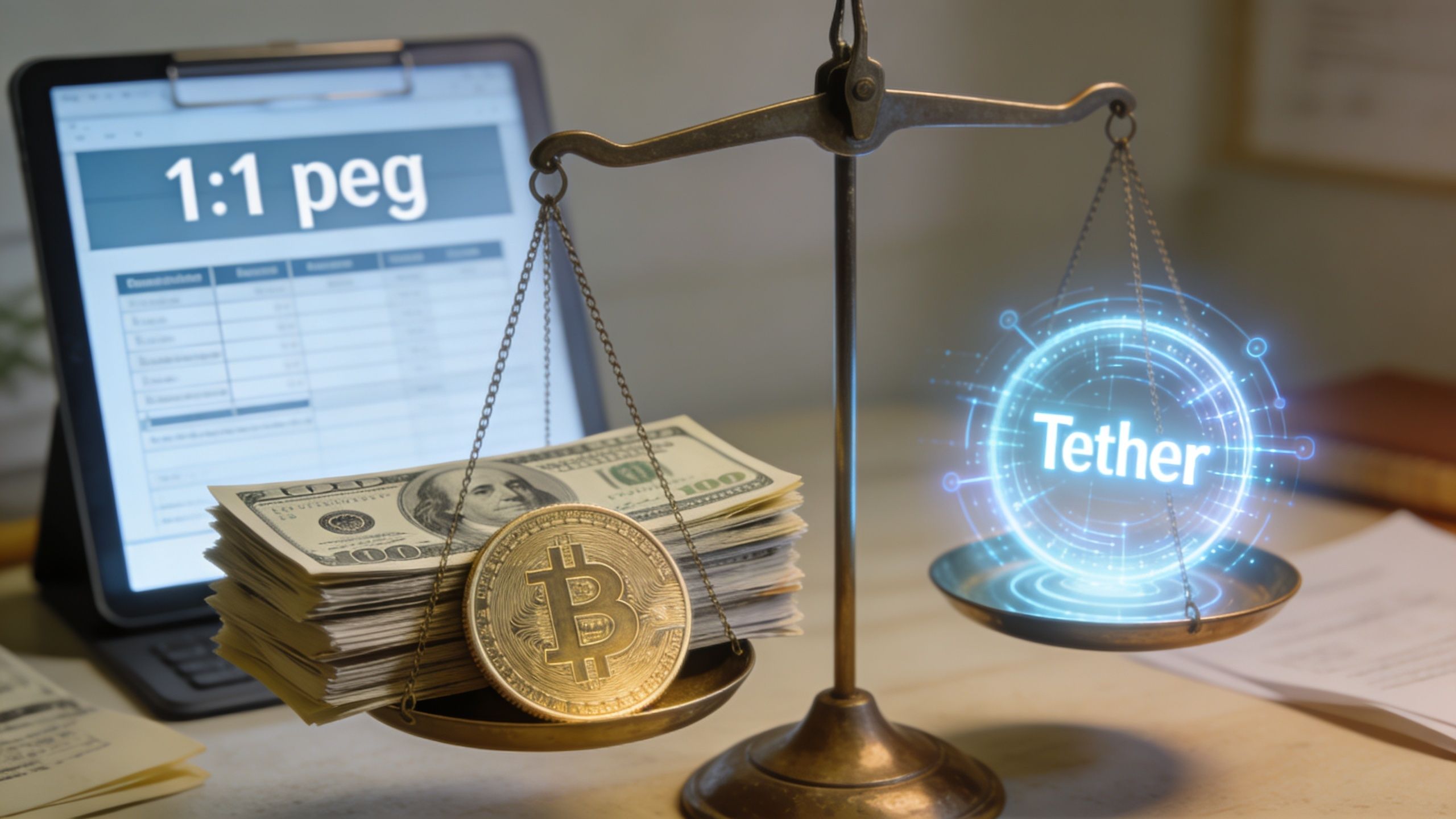 A conceptual balance scale weighing US dollar bills and a Bitcoin coin against a digital Tether logo.