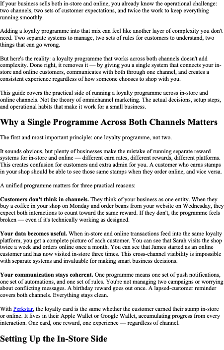 Article excerpt explaining how to run a unified loyalty program across in-store and online retail channels for small businesses.