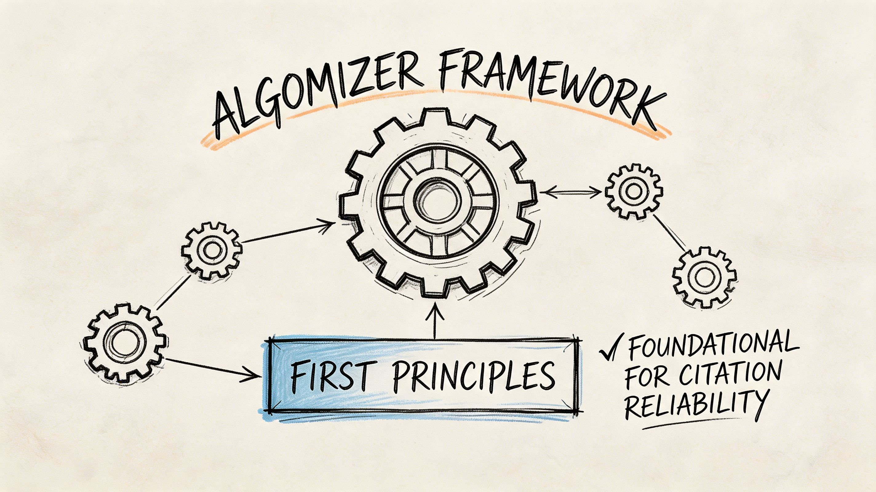 A hand-drawn diagram illustrating the Algomizer Framework centered on first principles for citation reliability.