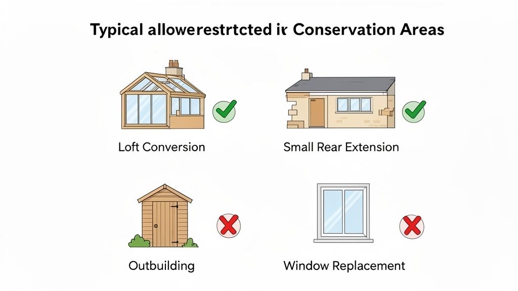 Illustration showing allowed and restricted property modifications like loft conversions and extensions in conservation areas.