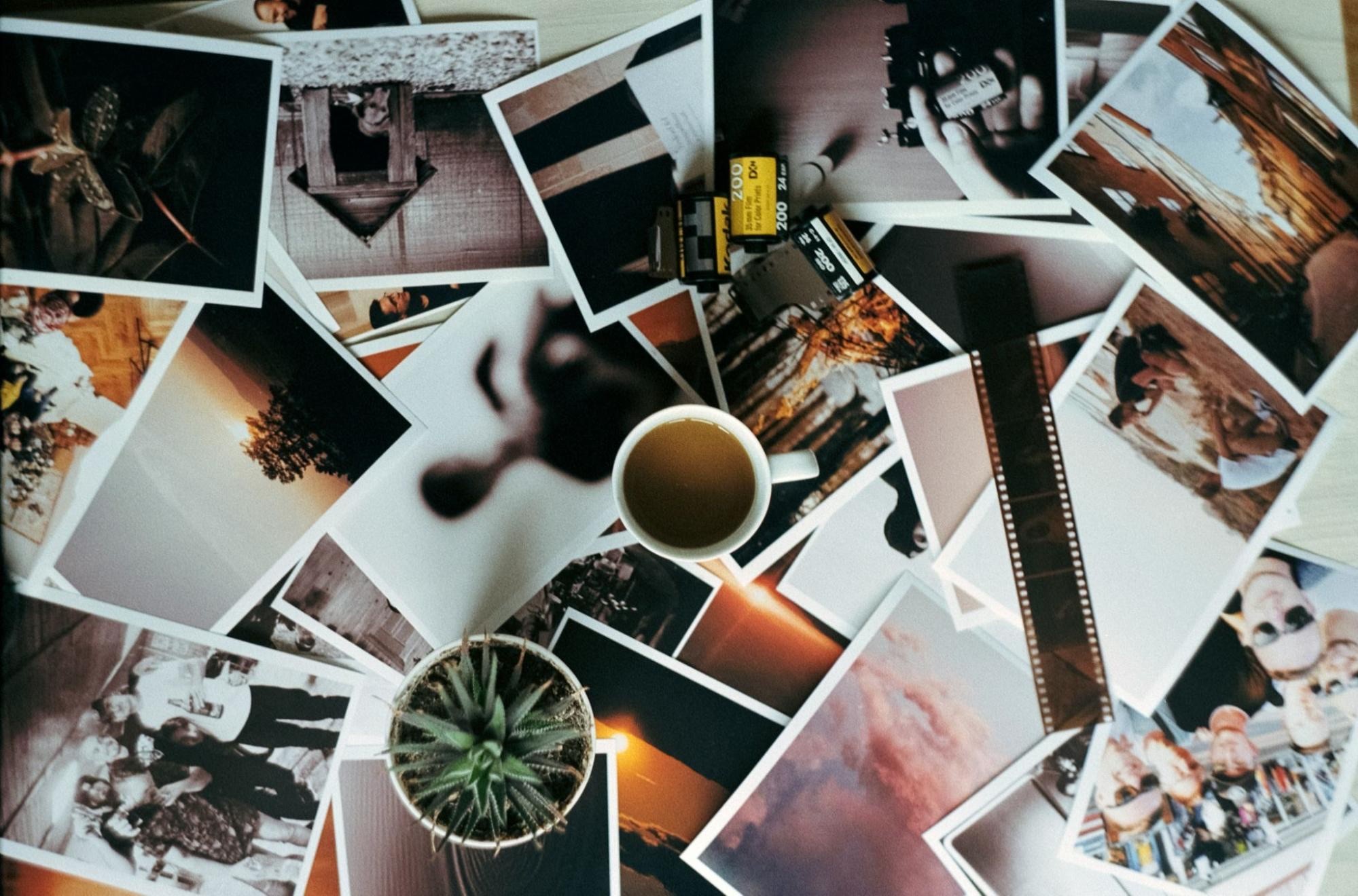 overhead image of collage of photos with a coffee cup in the middle