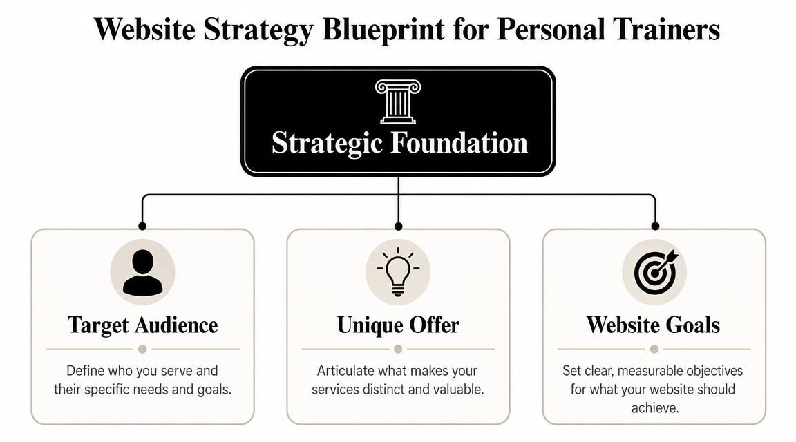 A diagram titled Website Strategy Blueprint for Personal Trainers showing three steps: Target Audience, Unique Offer, and Website Goals.