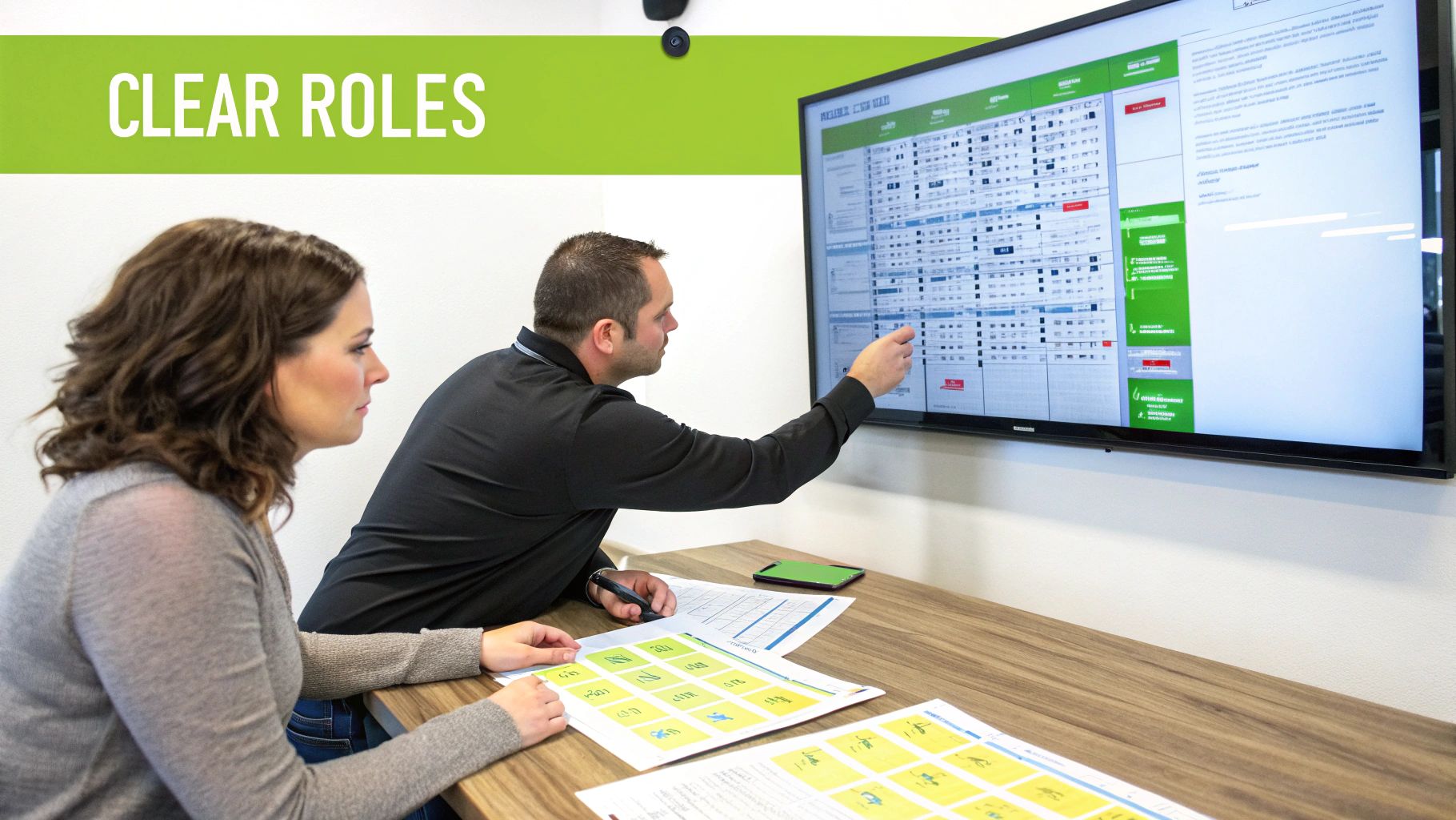 Two business colleagues review a digital dashboard and printed documents, discussing clear roles.