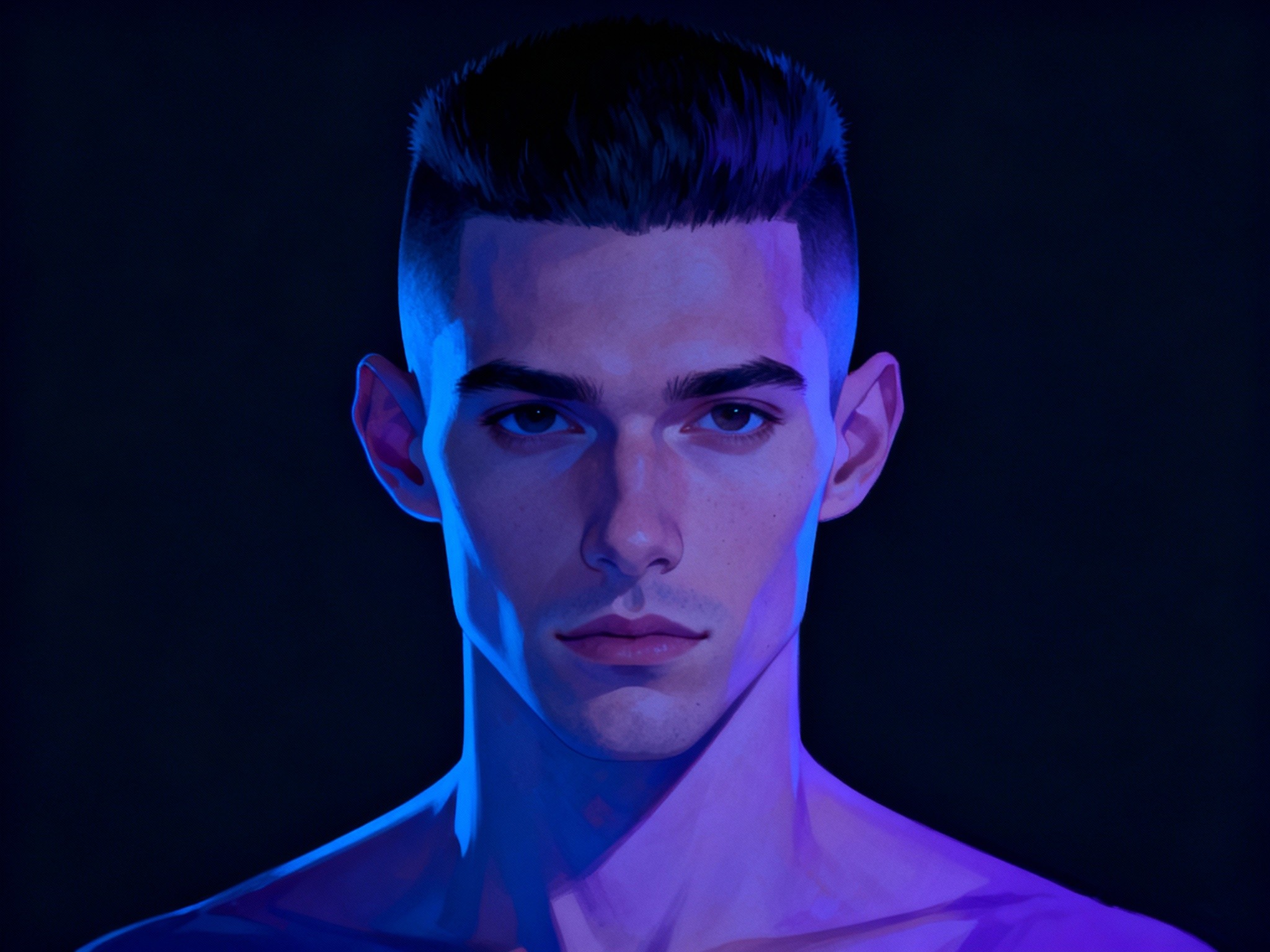 An atmospheric studio portrait of a male model showcasing a high fade haircut under dramatic cool