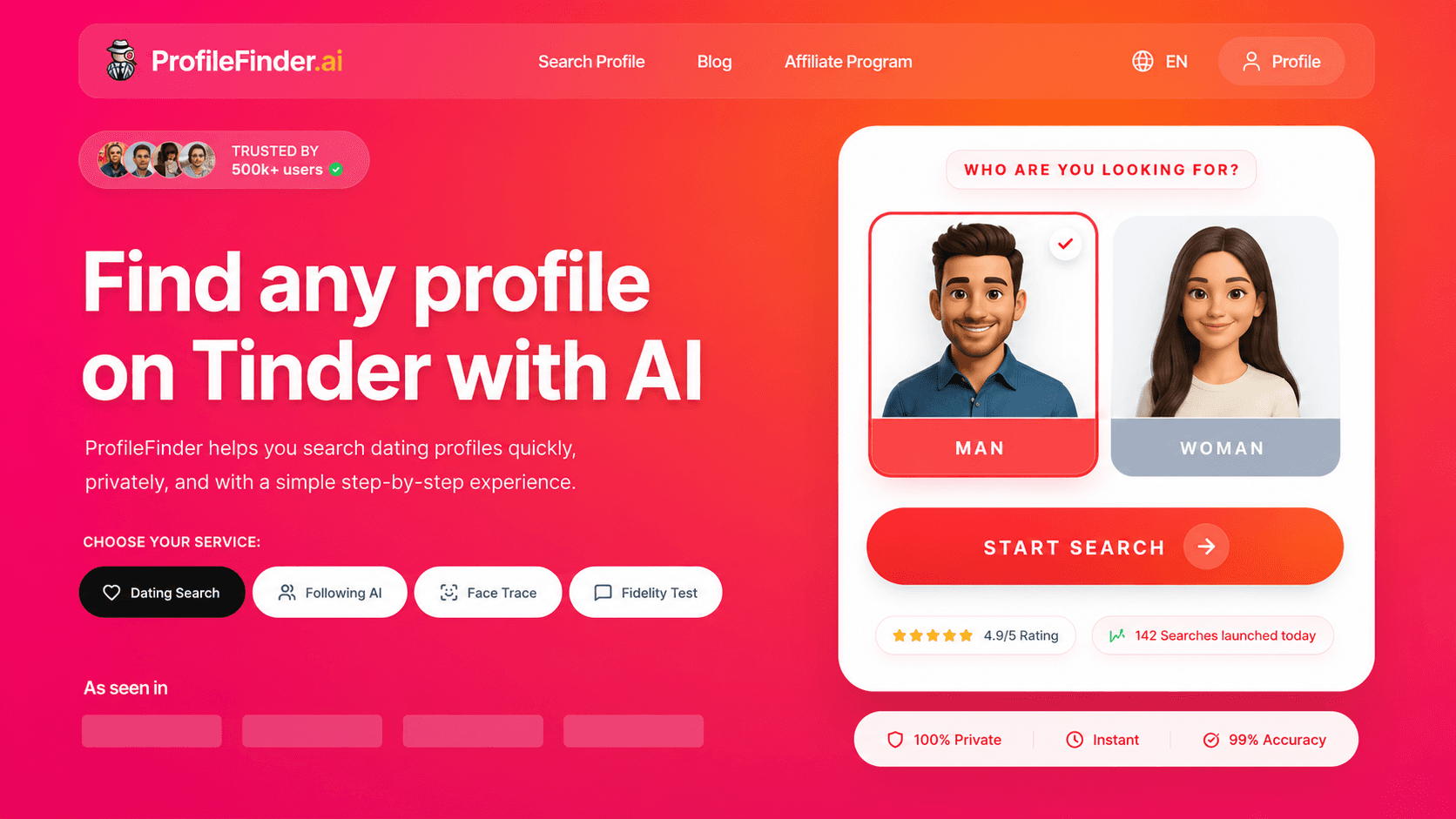 landing page of profilefinder