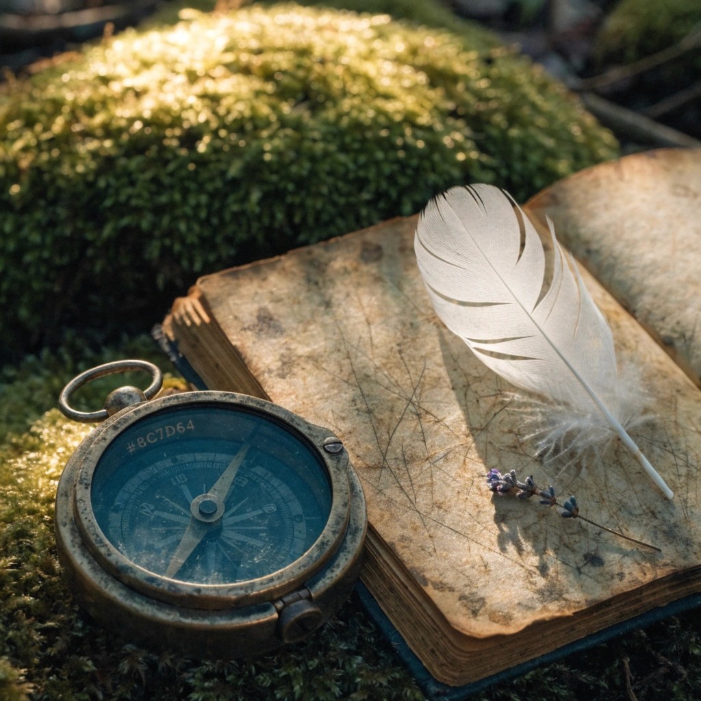 A realistic macro photograph of an old, tarnished #8C7D64 Aged Bronze compass and an open, vintage field journal resting on a bed of rich #2E4032 Mossy Green velvet. A soft, single white feather and a small sprig of dried lavender lie gently across the pages.