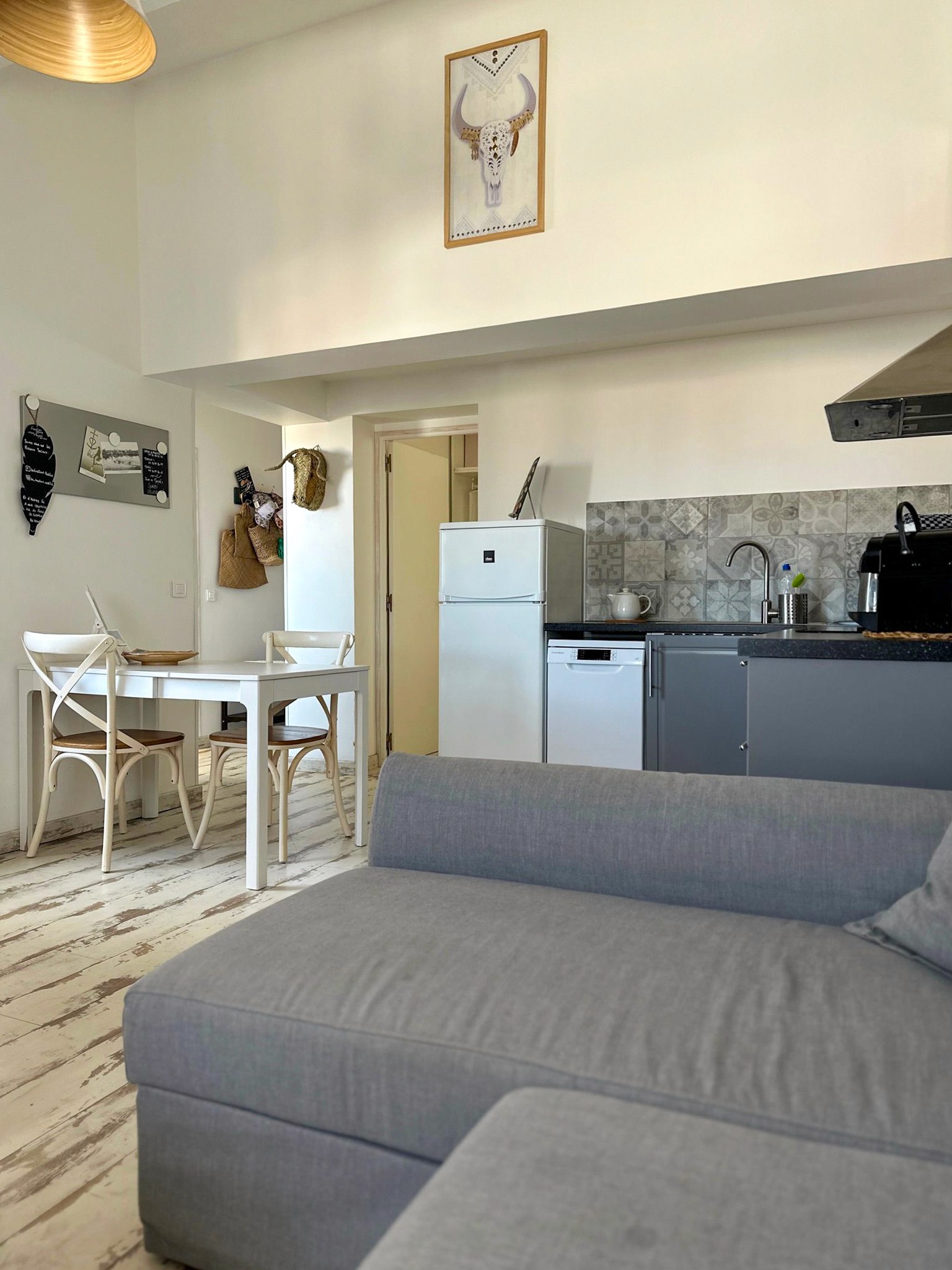 Décoration de salon bohème avec canapé gris, plantes vertes d'intérieur et vue sur un balcon aménagé par une porte-fenêtre lumineuse.