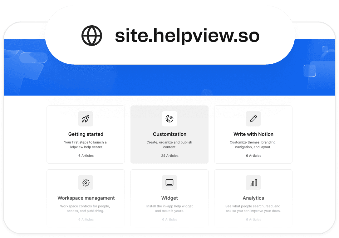 Published Helpview help center site with custom domain showing articles and knowledge base categories.