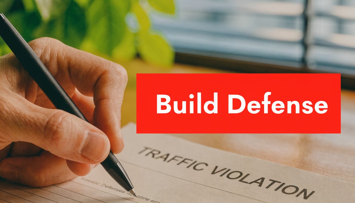 A hand holding a black pen signing a document titled Traffic Violation to build a legal defense.