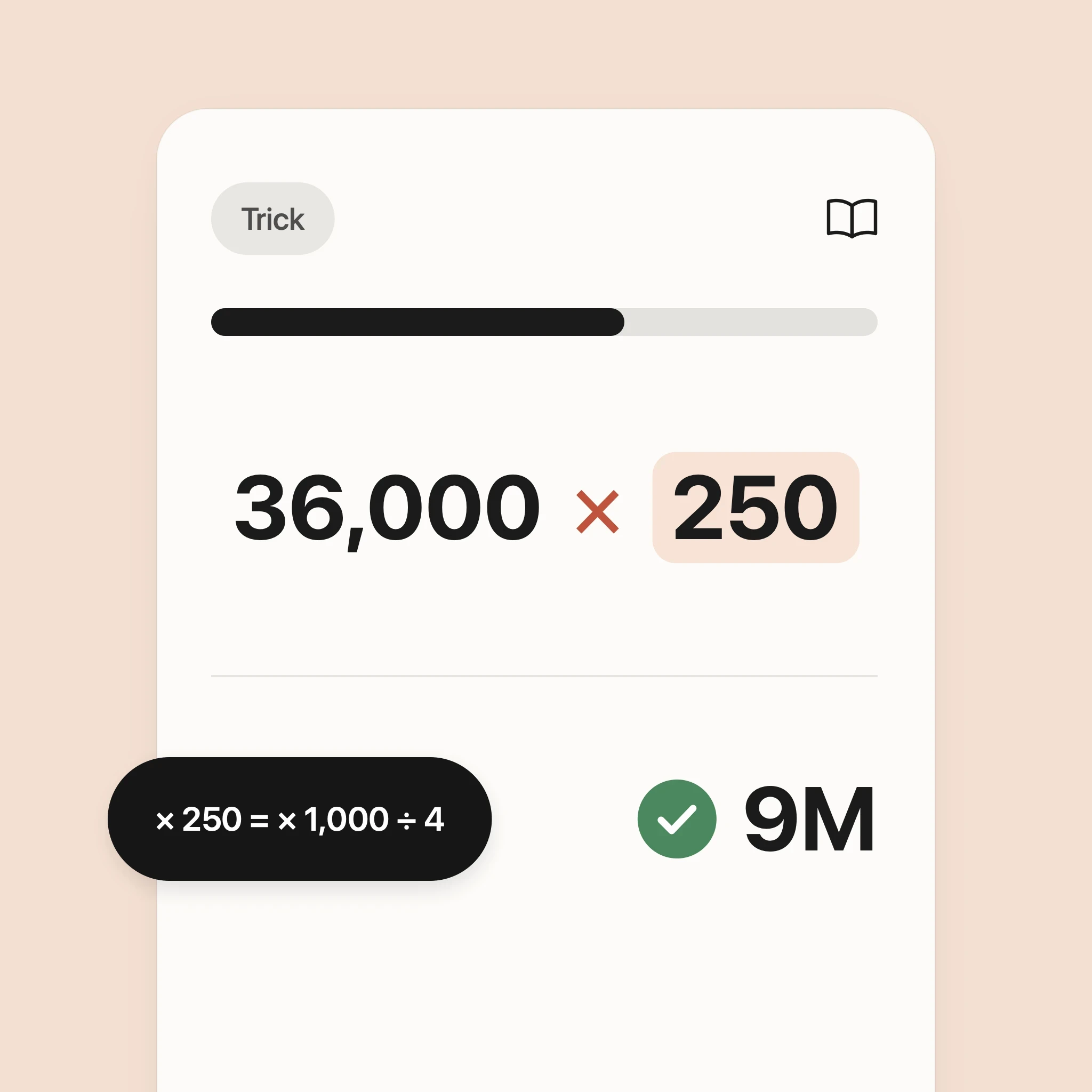 Numbio trick card solving 36,000 × 250 by multiplying by 1,000 and dividing by 4, with 9M marked correct.