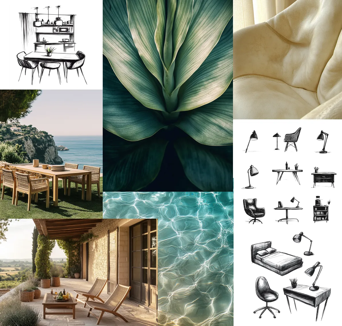 Collage of Objet brand identity presentation slides arranged in a grid, including research pages on inspirational brands Bang & Olufsen and GUBI, color palette documentation, typography guidelines, multiple pages of hand-drawn furniture illustration sets, texture and material photography, and "ob jet." logo variations in stacked and inline treatments