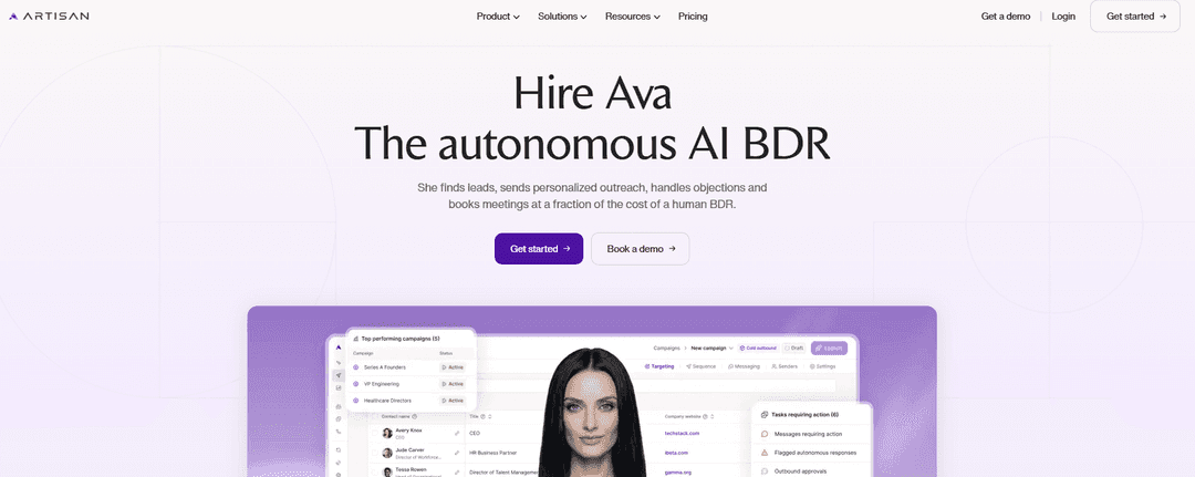 Artisan presenting Ava, its AI BDR, and the outbound workflow she runs end to end