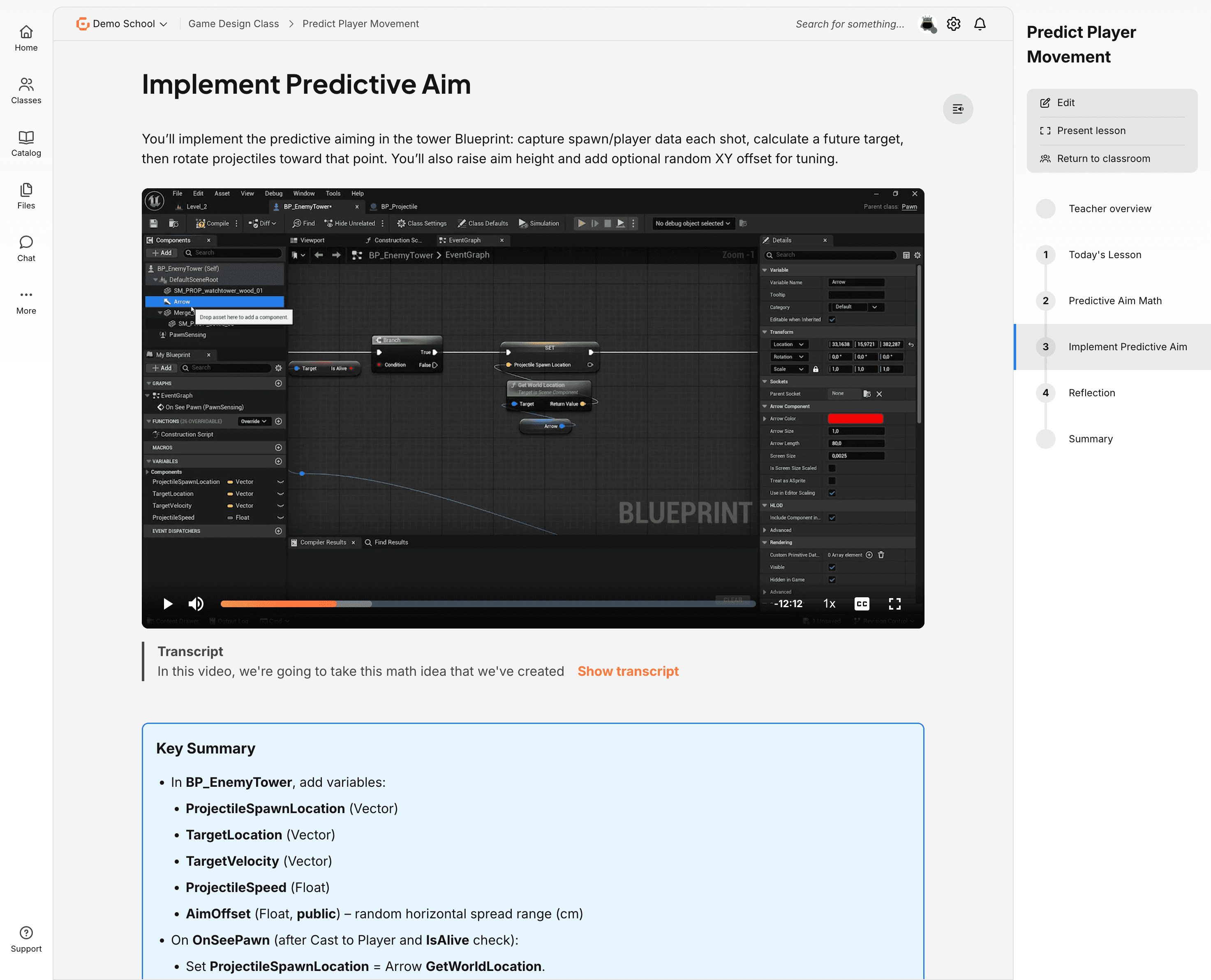 A screenshot of the Gameplan dashboard displayed in a web browser. At the top center is a large featured banner with a 3D character image promoting a course or certification. Below it is a weekly calendar view showing scheduled lessons with thumbnail images and progress indicators. A left sidebar contains navigation icons for sections like classes, library, files, and chat, while a right sidebar includes a “Get started” checklist, quick links, and a list of items awaiting grading. The layout is clean and modern, with light backgrounds and organized content panels.