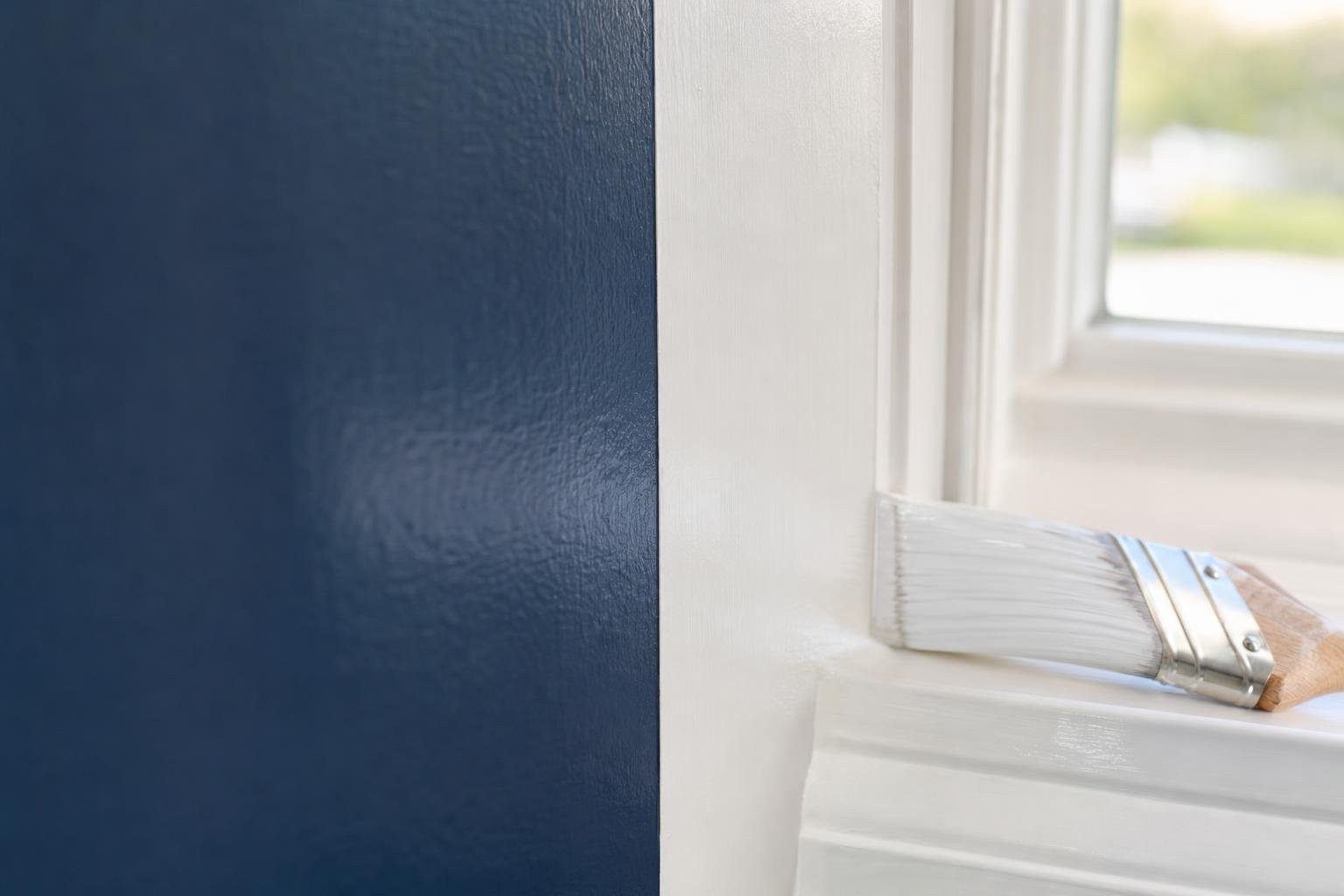 Close-up of a straight paint line between a navy wall and white trim