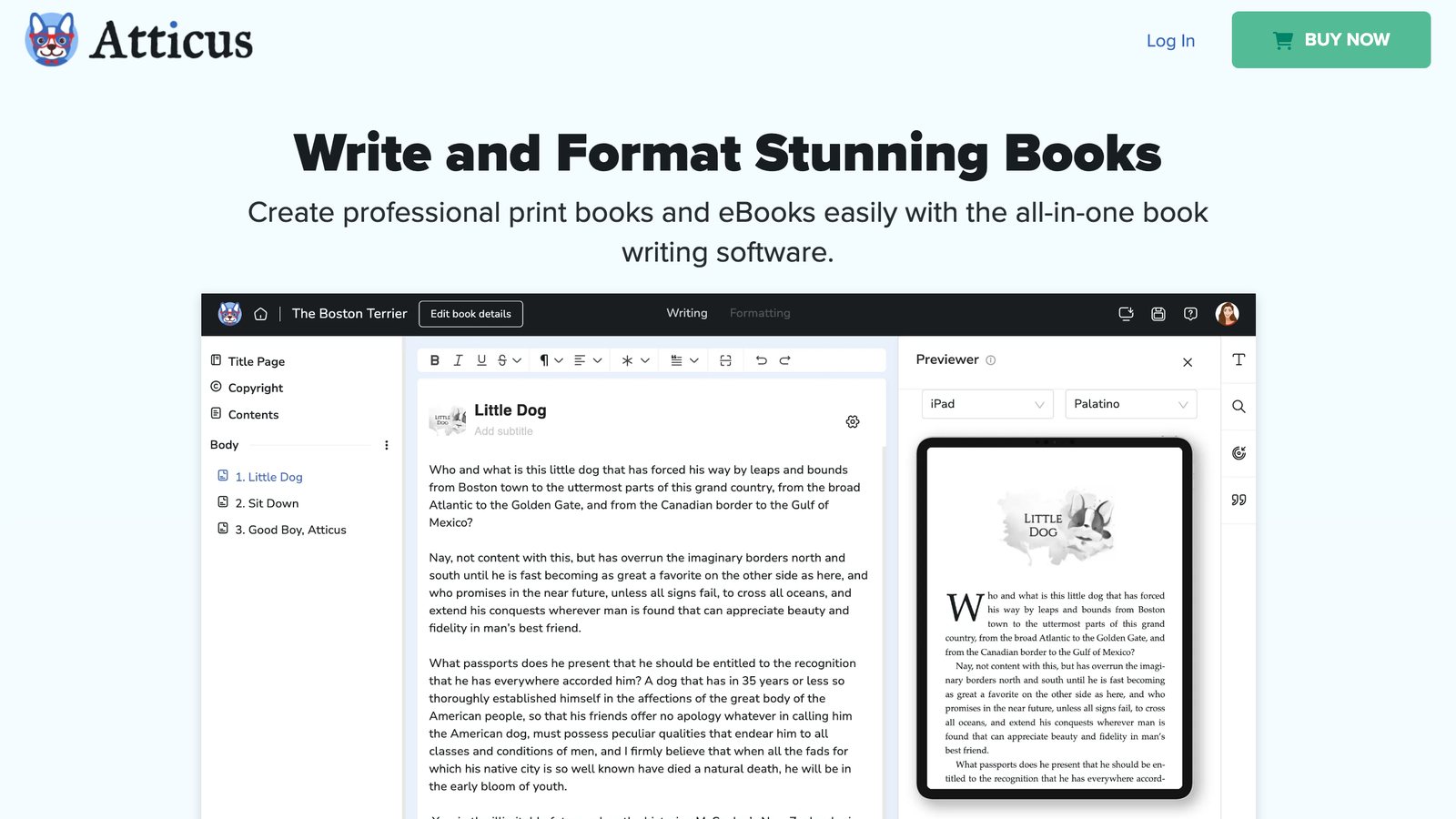 The Atticus home page, headed Write and Format Stunning Books, with the Atticus editor showing a chapter on the left and an iPad preview of the formatted page on the right