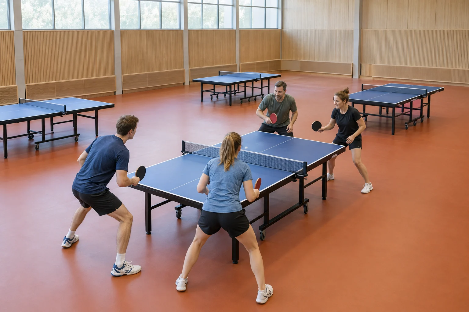Vier Spieler beim Tischtennisdoppel