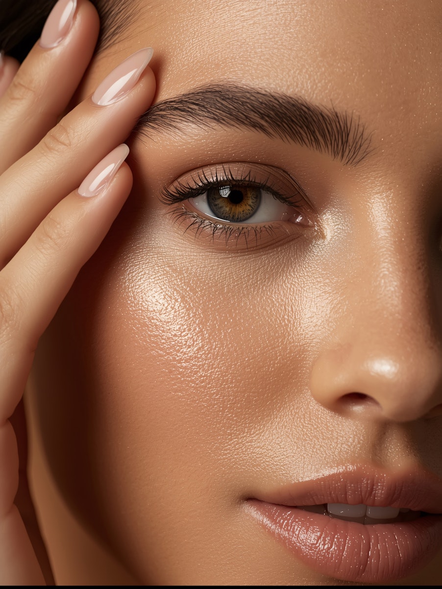 Close-up of a person's face, highlighting smooth skin and a hand lightly touching their forehead.