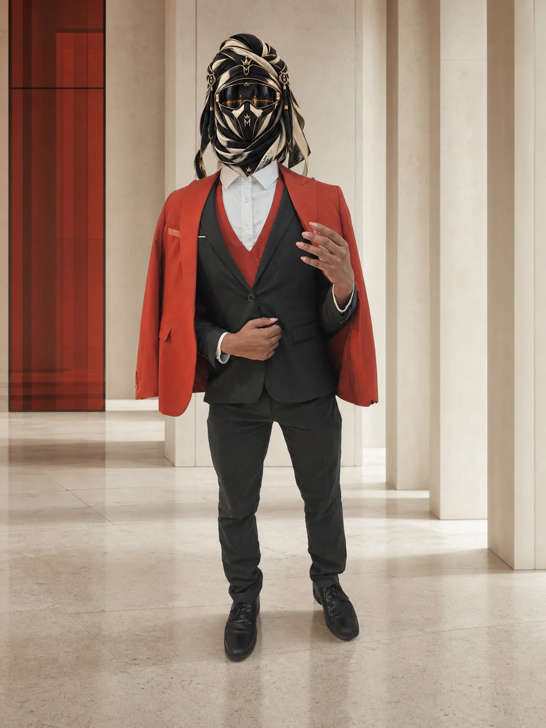 Full-length view of Rust Over Charcoal, a rust-orange coat draped over charcoal tailoring and dark trousers, with the official Marzelest face covering.