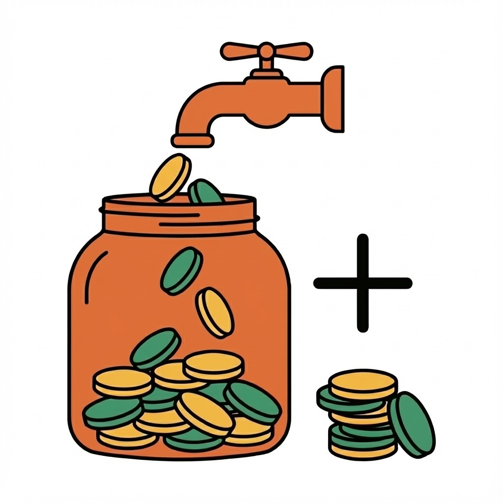 Illustration: Gebäude, Bargeld, Laptop mit „Kassenbuch“ und ein Pfeil zum Tresor mit Sparschwein.