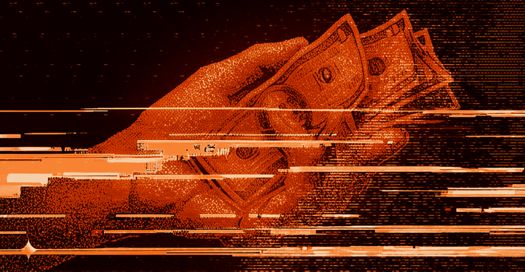 An glitchy tech-focused image of someone holding a handful of dollar bills. The illustration is in a orange and black colour pallette