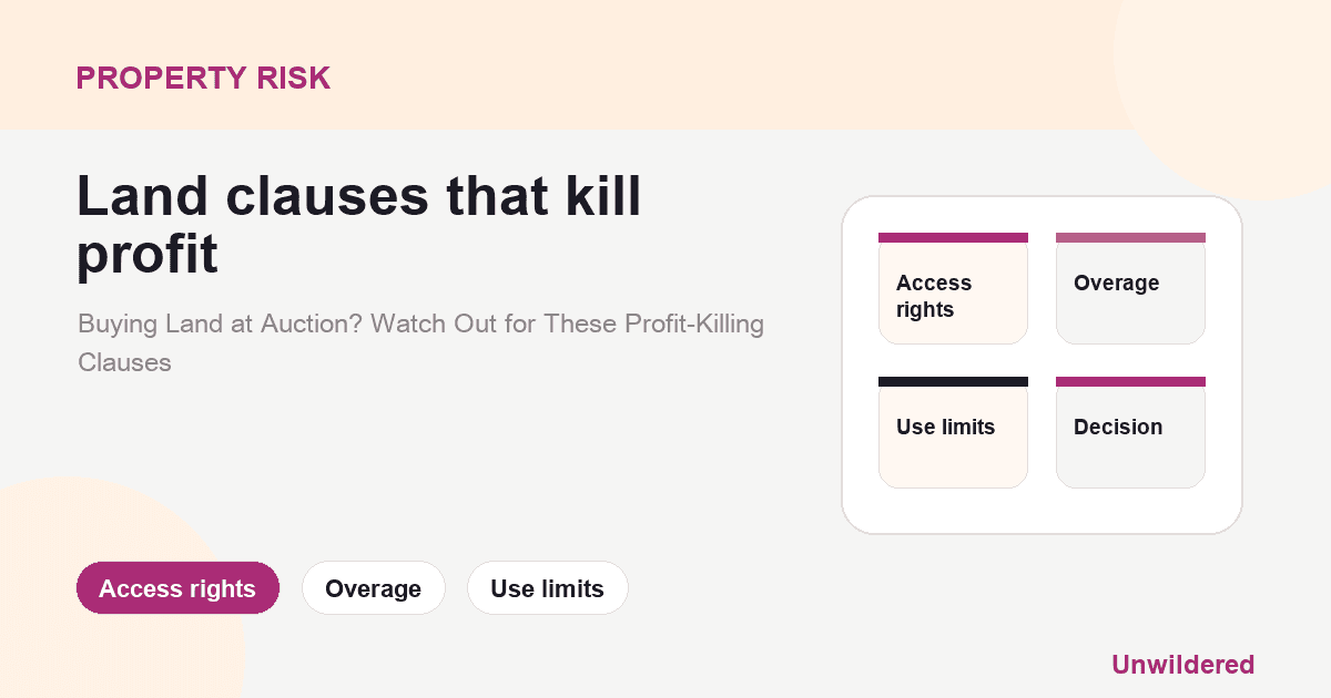 Explainer card for Buying Land at Auction? Watch Out for These Profit-Killing Clauses: Access rights, Overage, Use limits.