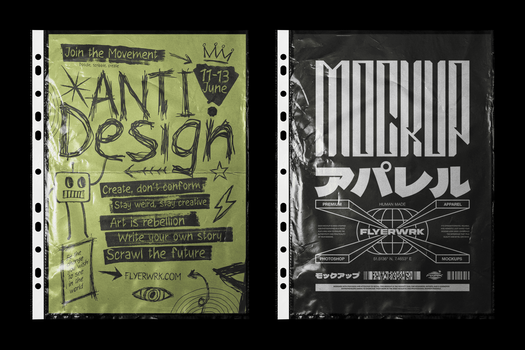 Plastic Sheet Overlay Mockup with green and black experimental designs inside a high-resolution plastic sleeve