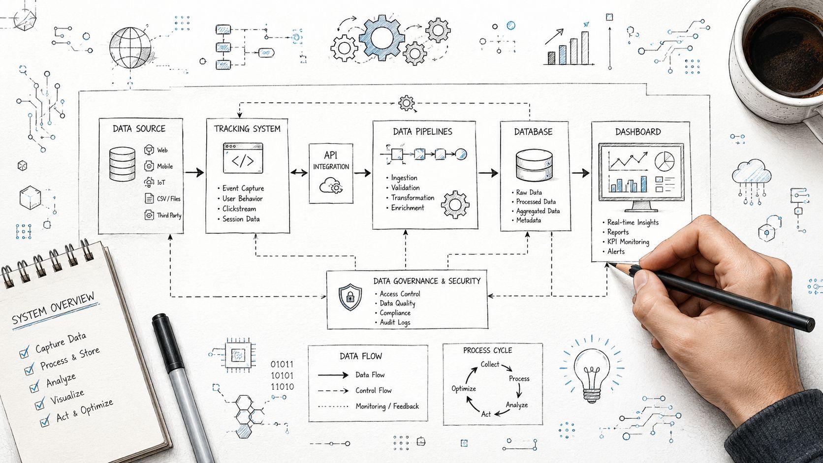 A hand drawing a technical diagram showing the flow of data from sources to analytics dashboards.