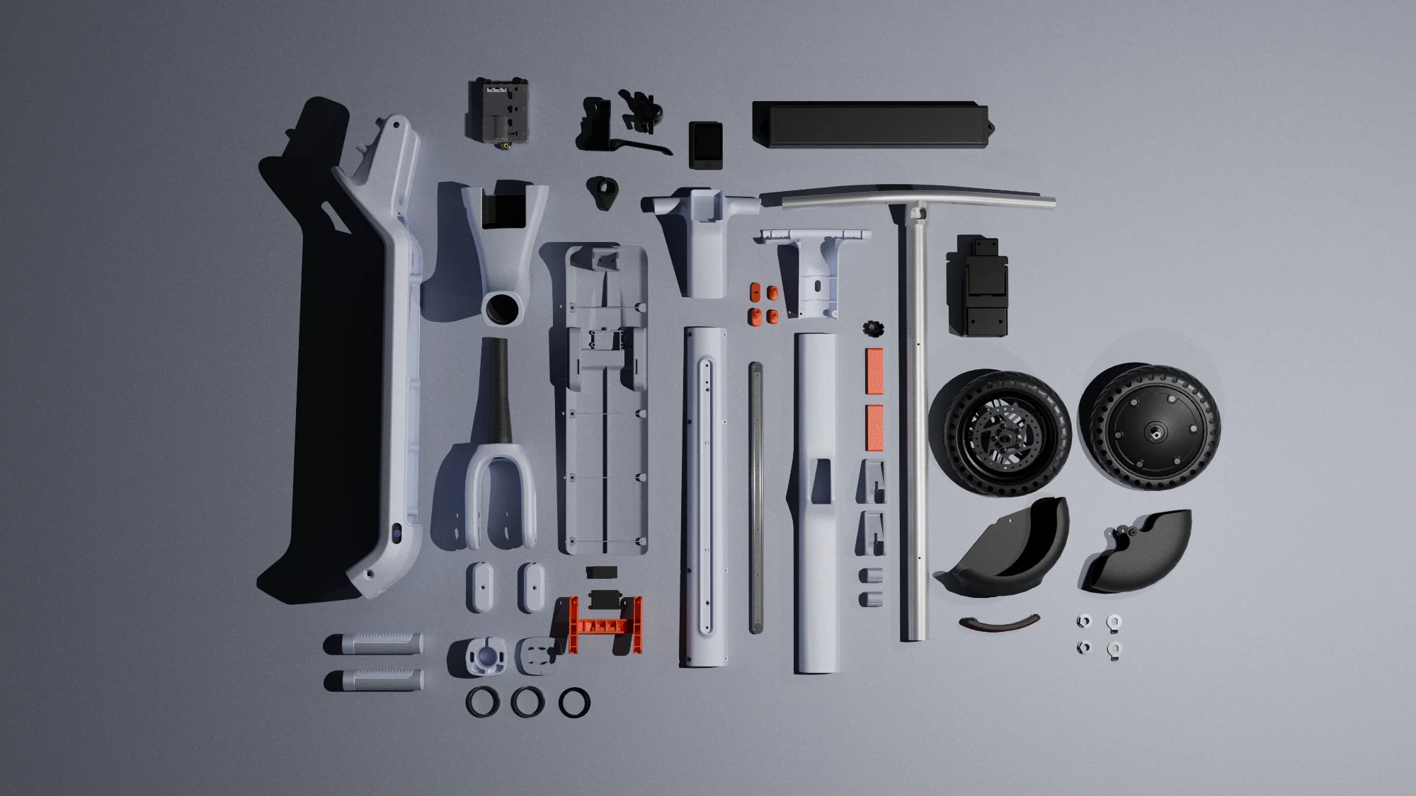 A component breakdown and layout of an electric scooter concept design, highlighting the products complex architecture.