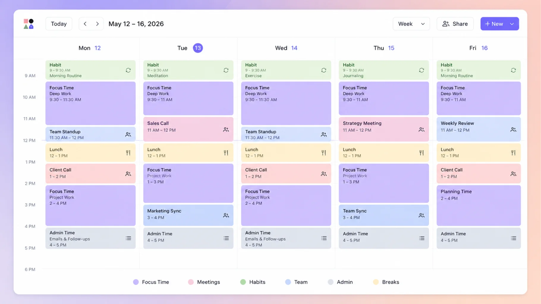 Reclaim AI style calendar time blocking week view for small business team